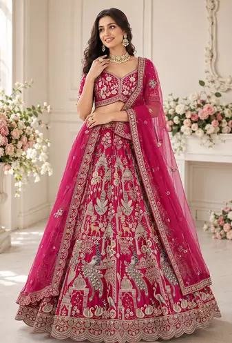 pink color Beads work Multi Thread and Dori Sequence work silk blend Lehenga Choli 