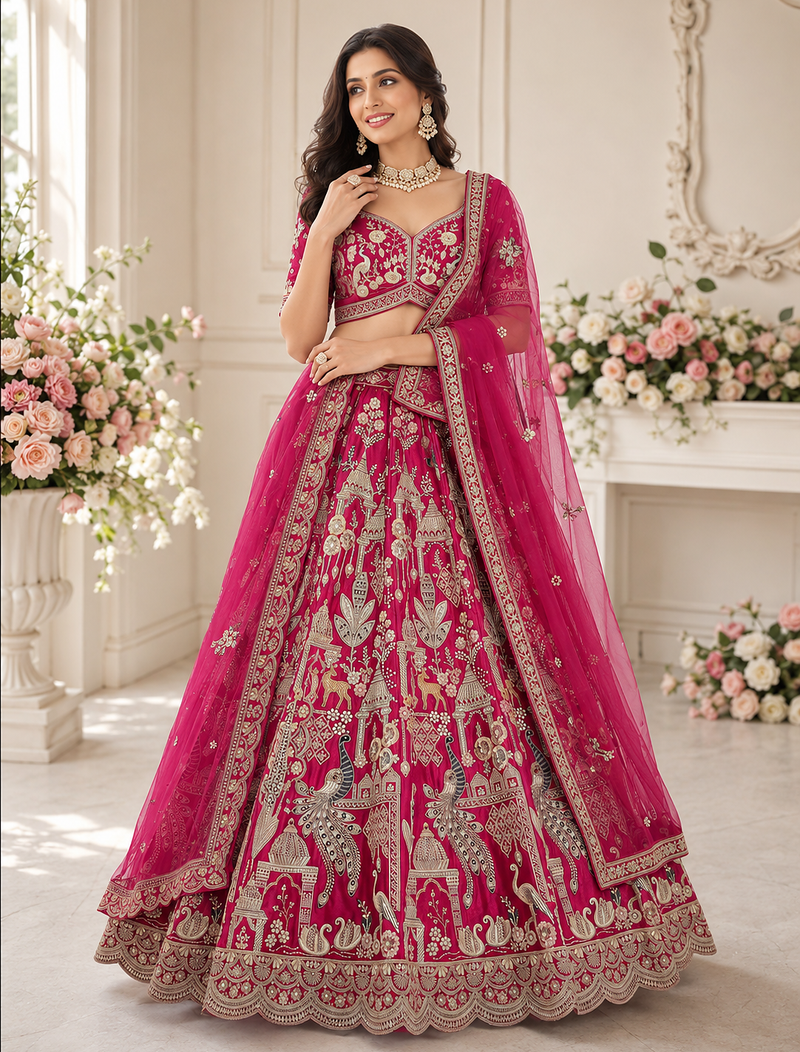 pink color Beads work Multi Thread and Dori Sequence work silk blend Lehenga Choli 