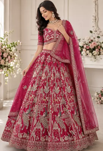 pink color Beads work Multi Thread and Dori Sequence work silk blend Lehenga Choli 