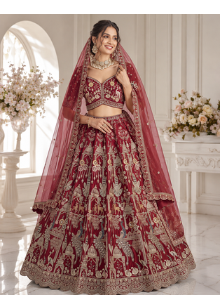 red color Beads work Multi Thread and Dori Sequence work silk blend Lehenga Choli  1