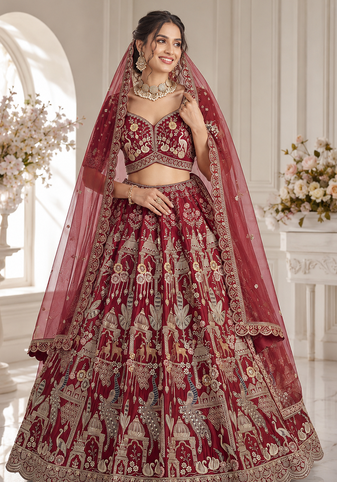 red color Beads work Multi Thread and Dori Sequence work silk blend Lehenga Choli 