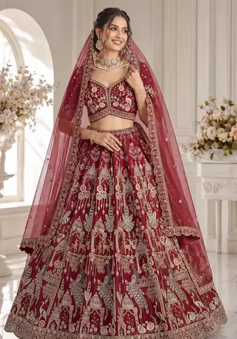 red color Beads work Multi Thread and Dori Sequence work silk blend Lehenga Choli 