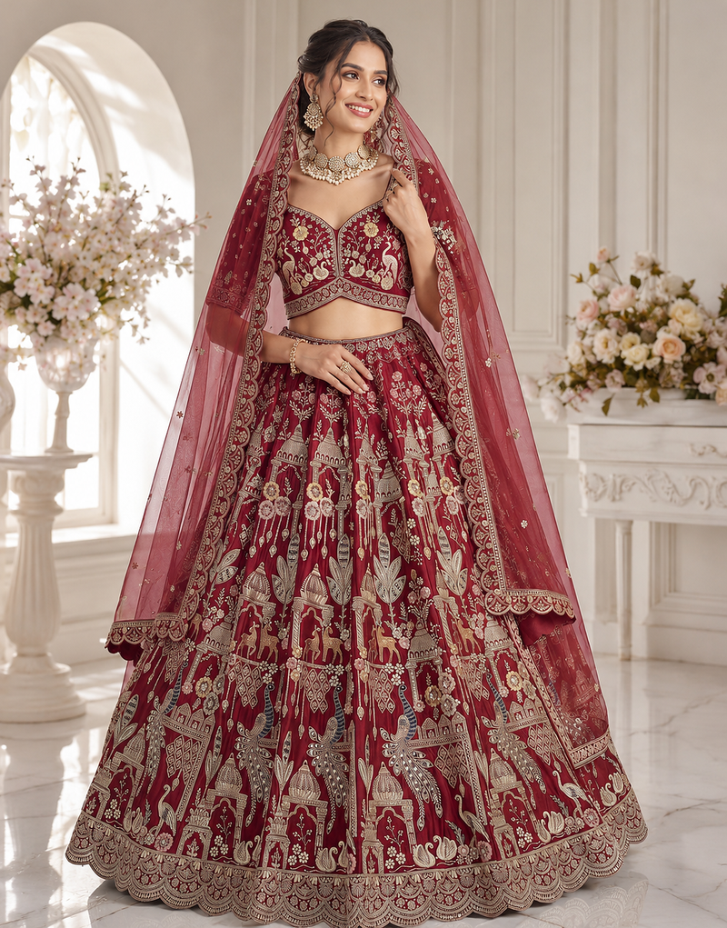 red color Beads work Multi Thread and Dori Sequence work silk blend Lehenga Choli 