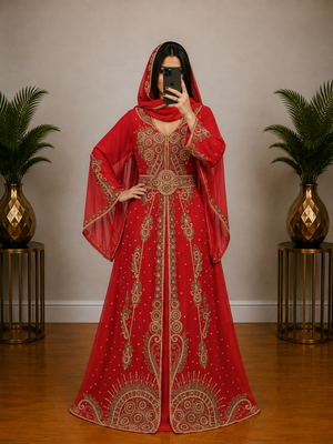 Red Gold Embroidered Moroccan Kaftan Gown with Dupatta 1