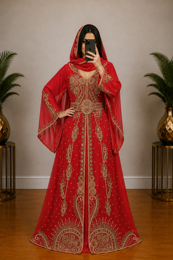 Red Gold Embroidered Moroccan Kaftan Gown with Dupatta