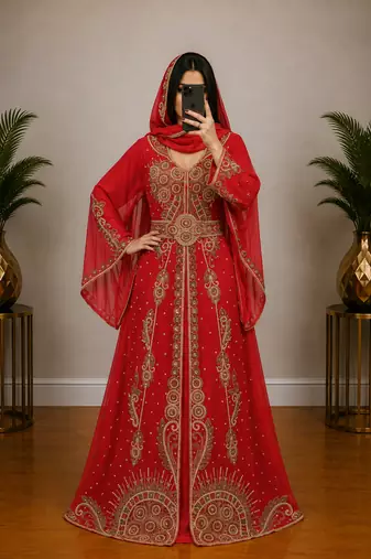 Red Gold Embroidered Moroccan Kaftan Gown with Dupatta