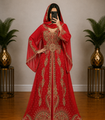 Red Gold Embroidered Moroccan Kaftan Gown with Dupatta