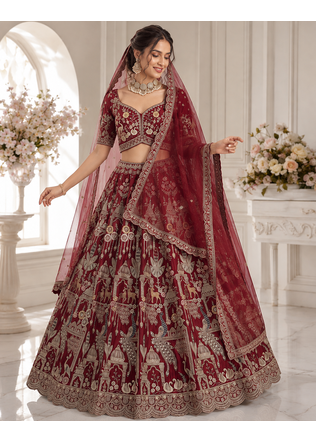 red color Beads work Multi Thread and Dori Sequence work silk blend Lehenga Choli  2