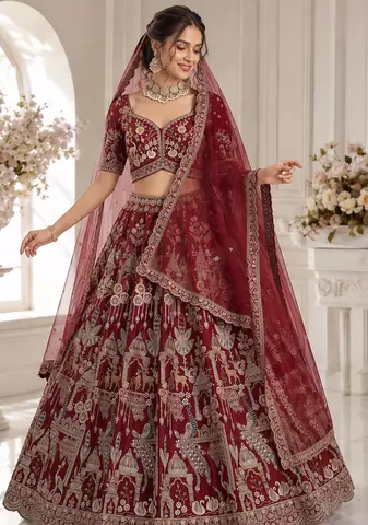 red color Beads work Multi Thread and Dori Sequence work silk blend Lehenga Choli 