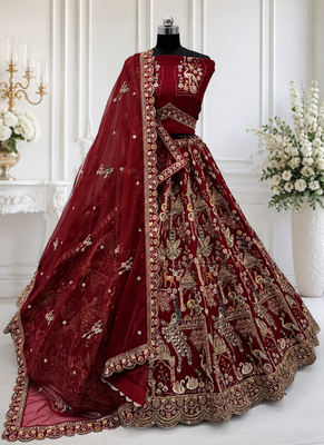 red color Beads work Multi Thread and Dori Sequence work silk blend Lehenga Choli  3