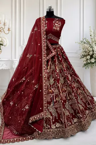 red color Beads work Multi Thread and Dori Sequence work silk blend Lehenga Choli 