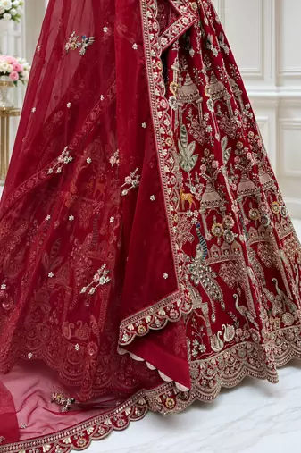 red color Beads work Multi Thread and Dori Sequence work silk blend Lehenga Choli 