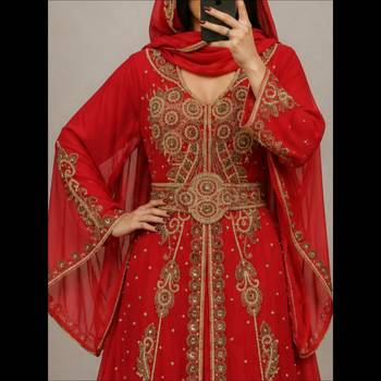 Red Gold Embroidered Moroccan Kaftan Gown with Dupatta 2