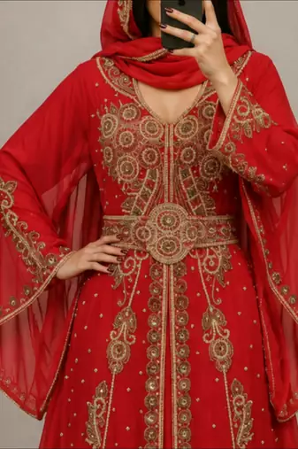 Red Gold Embroidered Moroccan Kaftan Gown with Dupatta