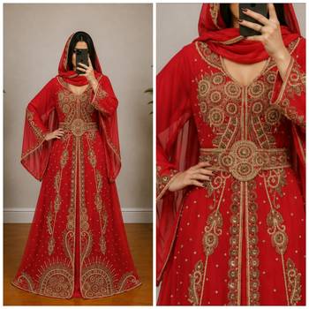 Red Gold Embroidered Moroccan Kaftan Gown with Dupatta 3