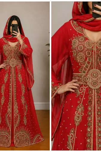 Red Gold Embroidered Moroccan Kaftan Gown with Dupatta