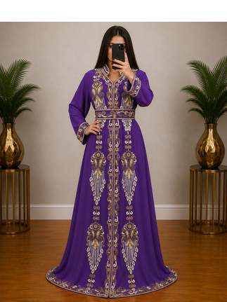 Royal Purple Gold Embroidered Moroccan Kaftan Gown 1