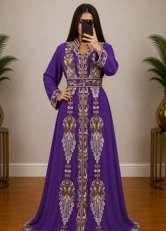 Royal Purple Gold Embroidered Moroccan Kaftan Gown