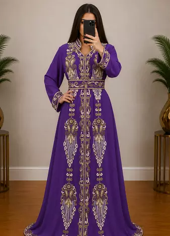 Royal Purple Gold Embroidered Moroccan Kaftan Gown