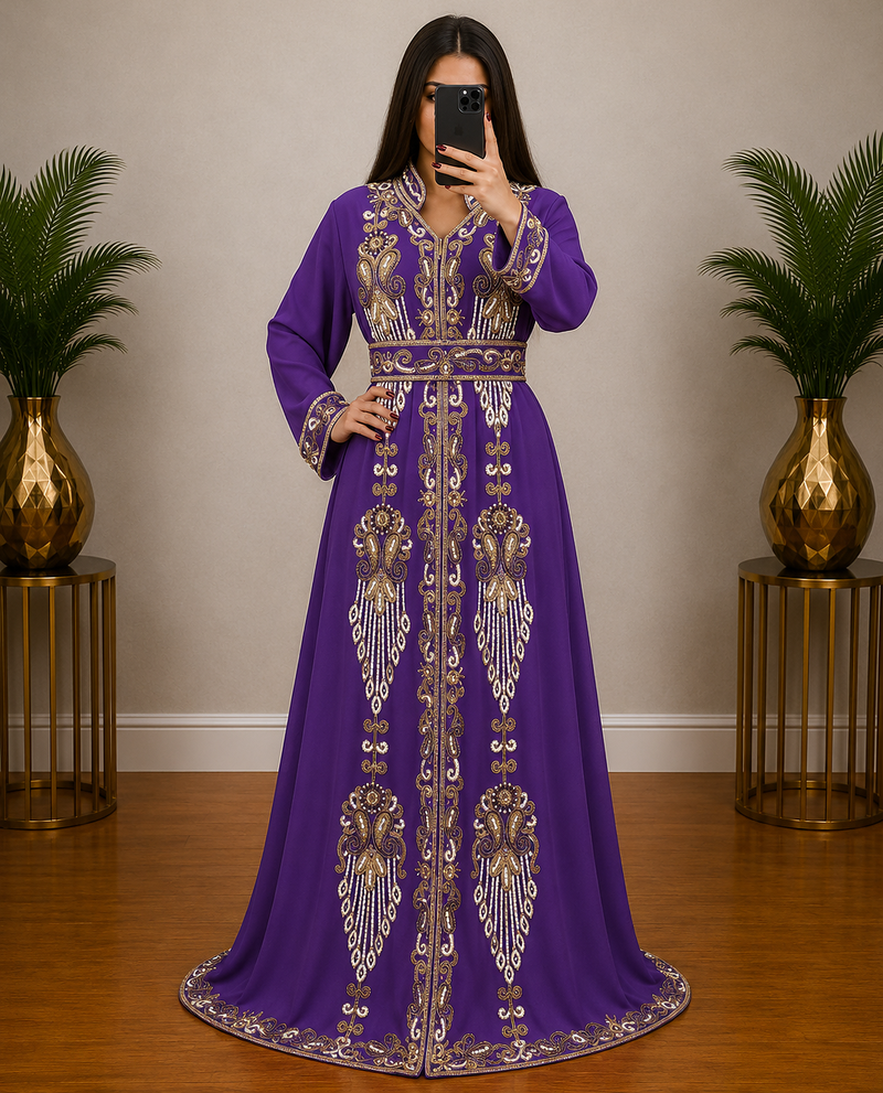 Royal Purple Gold Embroidered Moroccan Kaftan Gown