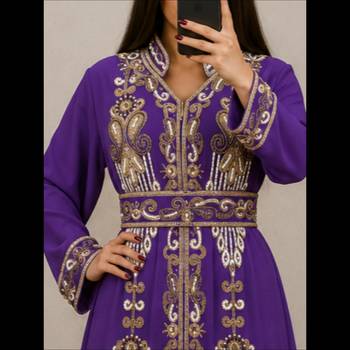 Royal Purple Gold Embroidered Moroccan Kaftan Gown 2