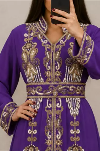Royal Purple Gold Embroidered Moroccan Kaftan Gown