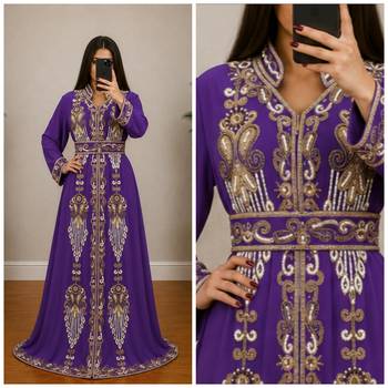 Royal Purple Gold Embroidered Moroccan Kaftan Gown 3