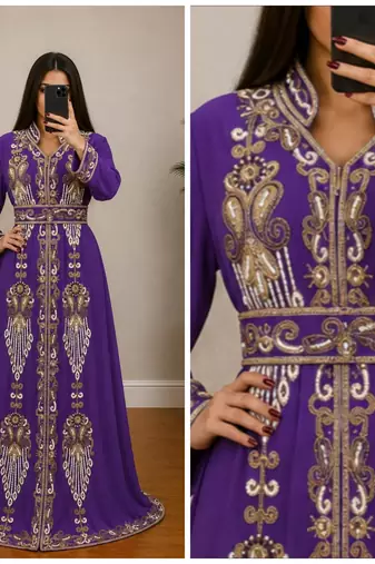 Royal Purple Gold Embroidered Moroccan Kaftan Gown