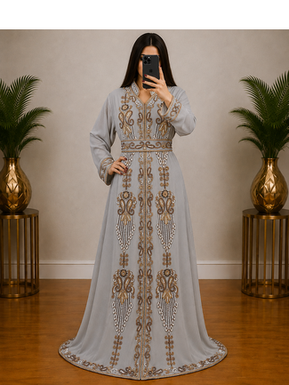 Silver Grey Gold Embroidered Moroccan Kaftan Gown 1