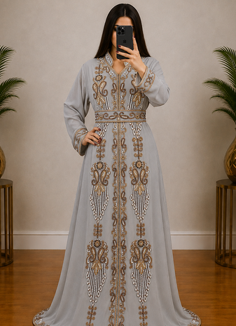 Silver Grey Gold Embroidered Moroccan Kaftan Gown