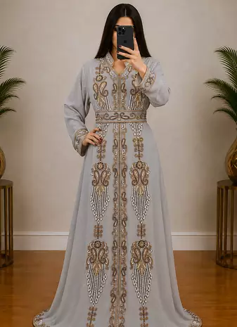 Silver Grey Gold Embroidered Moroccan Kaftan Gown