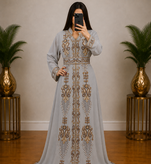 Silver Grey Gold Embroidered Moroccan Kaftan Gown