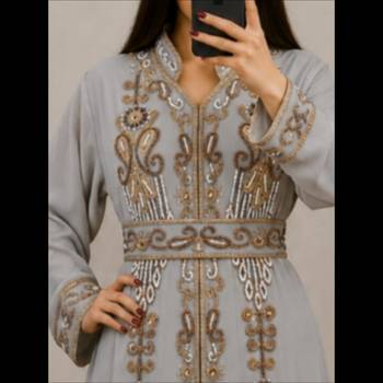 Silver Grey Gold Embroidered Moroccan Kaftan Gown 2