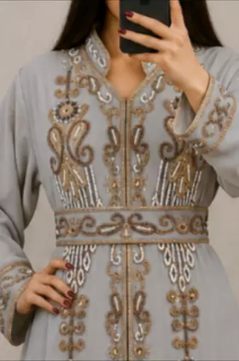 Silver Grey Gold Embroidered Moroccan Kaftan Gown