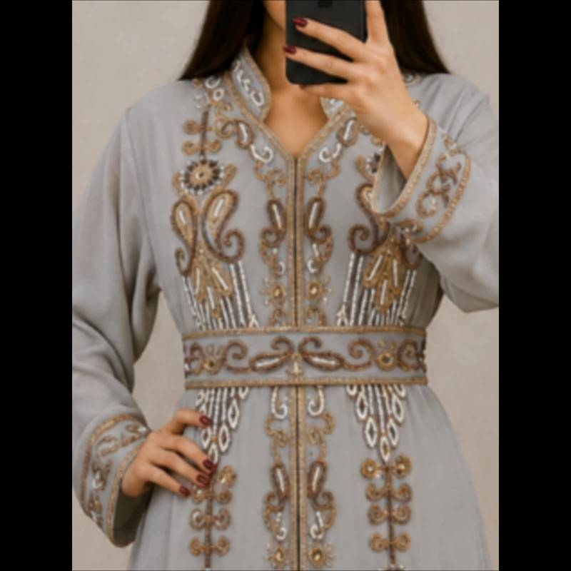 Silver Grey Gold Embroidered Moroccan Kaftan Gown