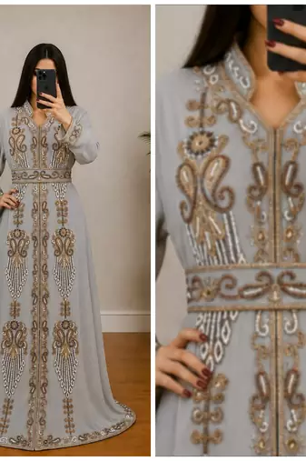 Silver Grey Gold Embroidered Moroccan Kaftan Gown