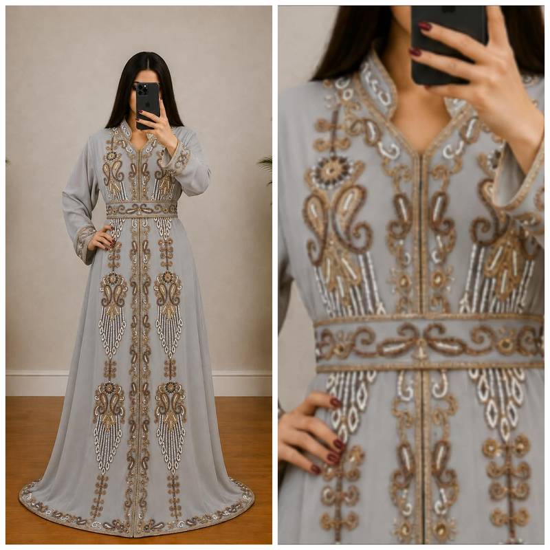 Silver Grey Gold Embroidered Moroccan Kaftan Gown