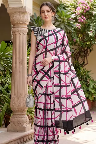 Riva enterprise women's linen blend printed exclusive saree with blouse