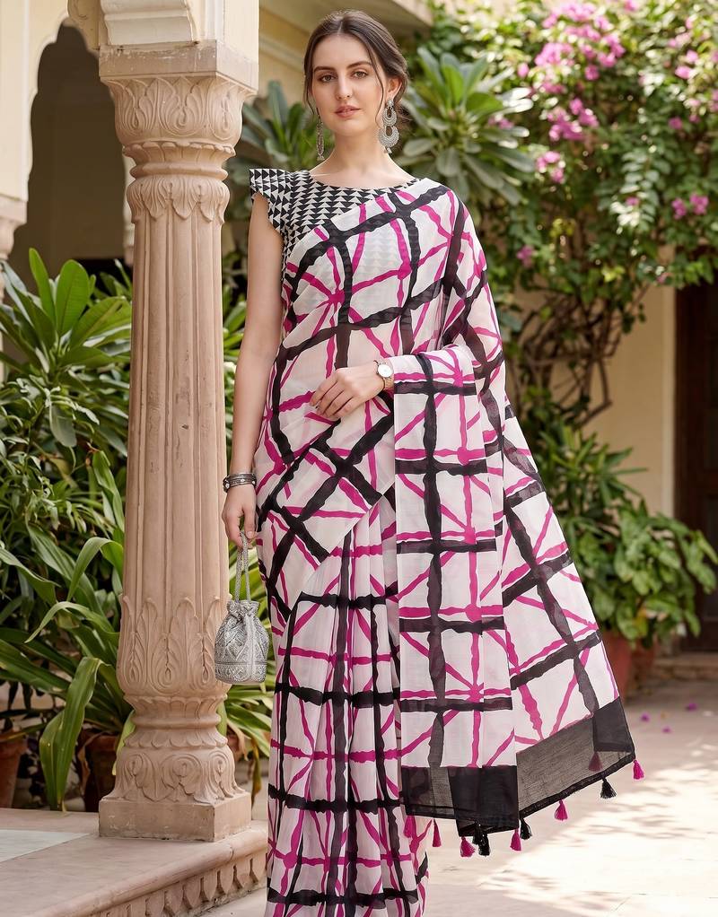 Riva enterprise women's linen blend printed exclusive saree with blouse