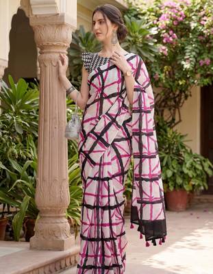 Riva enterprise women's linen blend printed exclusive saree with blouse 2