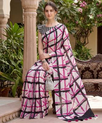Riva enterprise women's linen blend printed exclusive saree with blouse 3