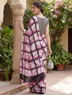 Riva enterprise women's linen blend printed exclusive saree with blouse 4