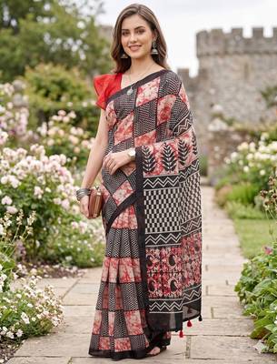 Riva enterprise women's linen blend printed exclusive saree with blouse 1