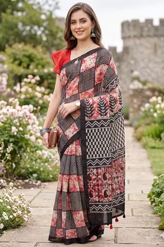 Riva enterprise women's linen blend printed exclusive saree with blouse
