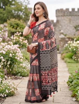 Riva enterprise women's linen blend printed exclusive saree with blouse 2