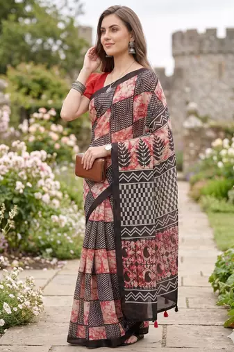 Riva enterprise women's linen blend printed exclusive saree with blouse