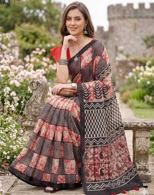 Riva enterprise women's linen blend printed exclusive saree with blouse 3