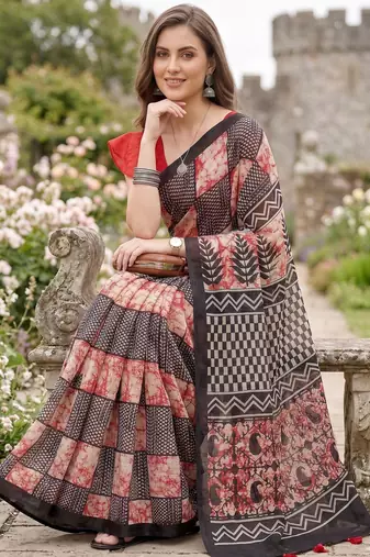 Riva enterprise women's linen blend printed exclusive saree with blouse