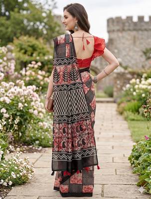 Riva enterprise women's linen blend printed exclusive saree with blouse 4