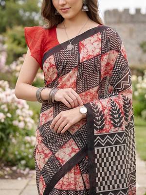 Riva enterprise women's linen blend printed exclusive saree with blouse 5
